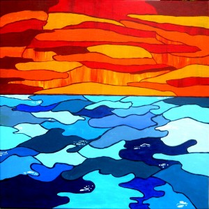 Geometrischer Sonnenuntergang am Meer, Acryl auf Leinwand, 60 x 60 cm